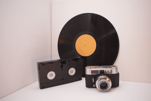 Vinyl Record Mockup With Camera And Cassette